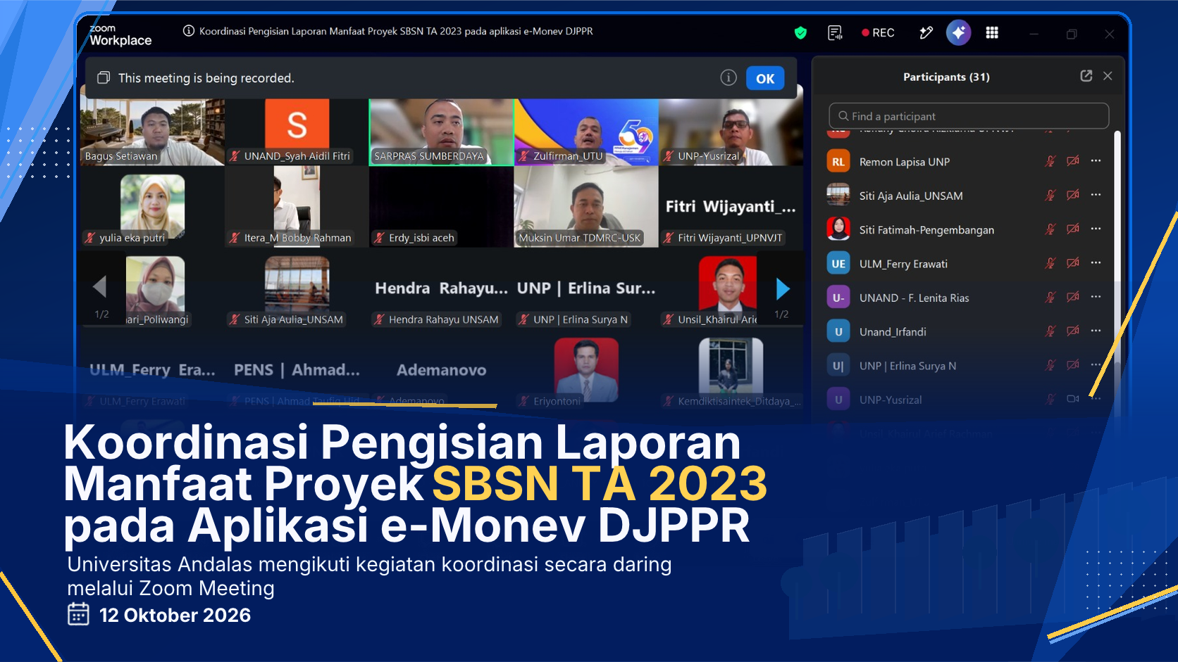 Ditrenbang dan UPT Laboratorium Sentral UNAND mengikuti koordinasi pengisian laporan manfaat proyek SBSN TA 2023 melalui Zoom