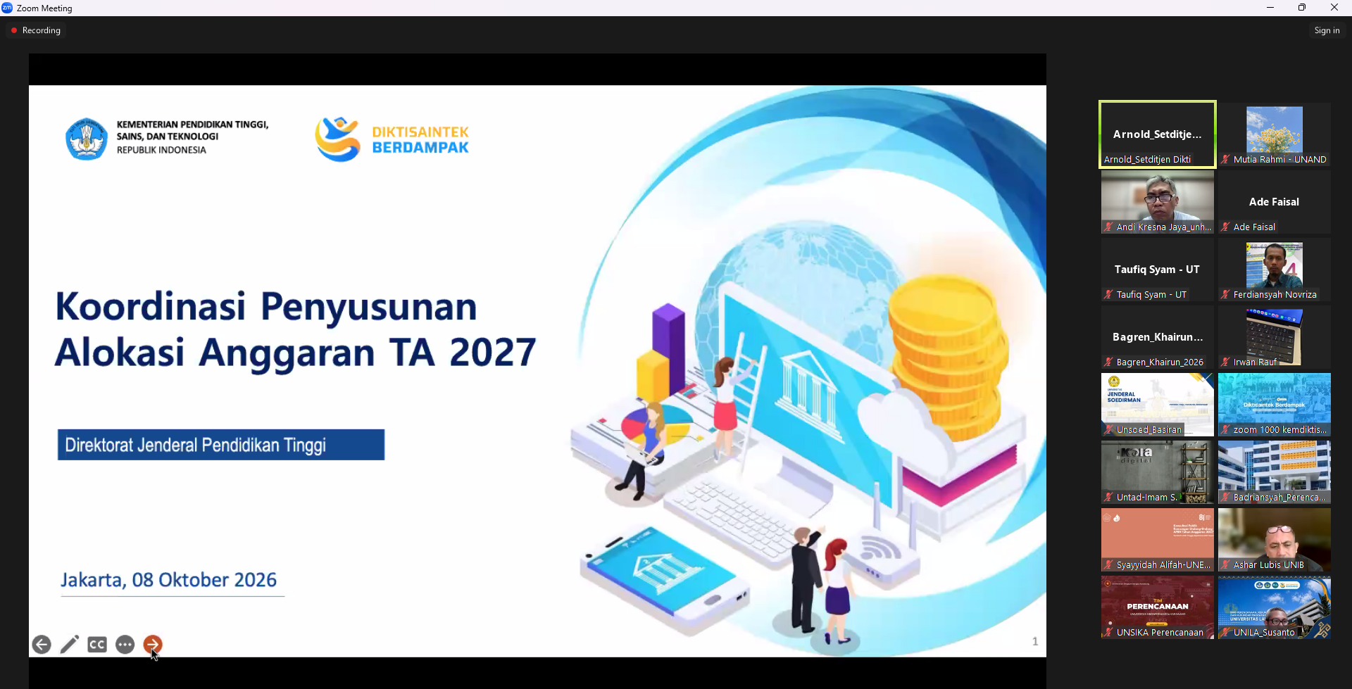 Partisipasi Ditrenbang UNAND dalam Koordinasi Penyampaian Pagu Alokasi Anggaran TA 2027 Ditjen Pendidikan Tinggi